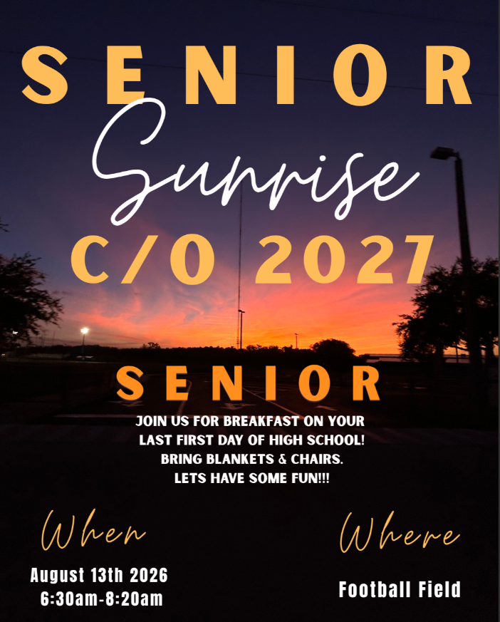 <p>Senior Sunrise is Aug 13th from 6:30am-8:20am at the football field. &nbsp;Seniors come join for the fun!&nbsp;</p>